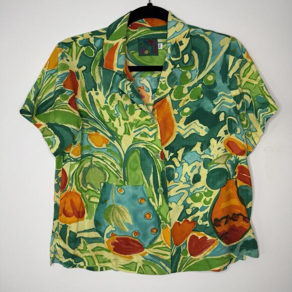 Jams World Tops - VINTAGE Jams World Hawaiian Floral Blouse Women’s XS Lily Vase Aloha Button Top